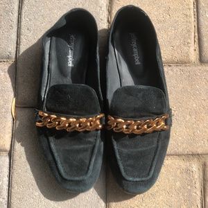 Jeffrey Campbell suede loafers with gold chain